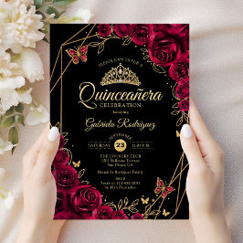 Quinceanera Burgundy Black Gold Floral Einladung