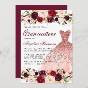 Quinceanera Burgundy Blumenkleid Foto Zurück Einladung