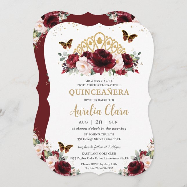 Quinceañera Burgundy Blush Bloral Gold Crown Einladung (Vorne/Hinten)