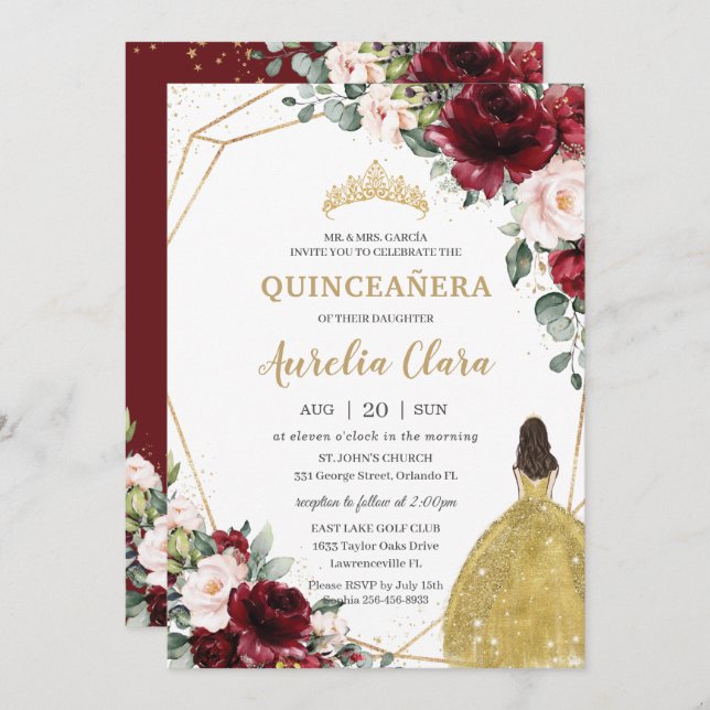 Quinceañera Burgundy Blush Bloral Gold Dress Crown Einladung (Vorne/Hinten)