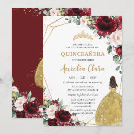 Quinceañera Burgundy Blush Bloral Gold Dress Crown Einladung