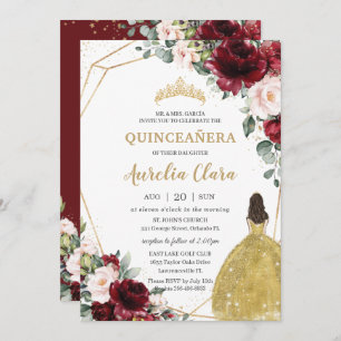 Quinceañera Burgundy Blush Bloral Gold Dress Crown Einladung