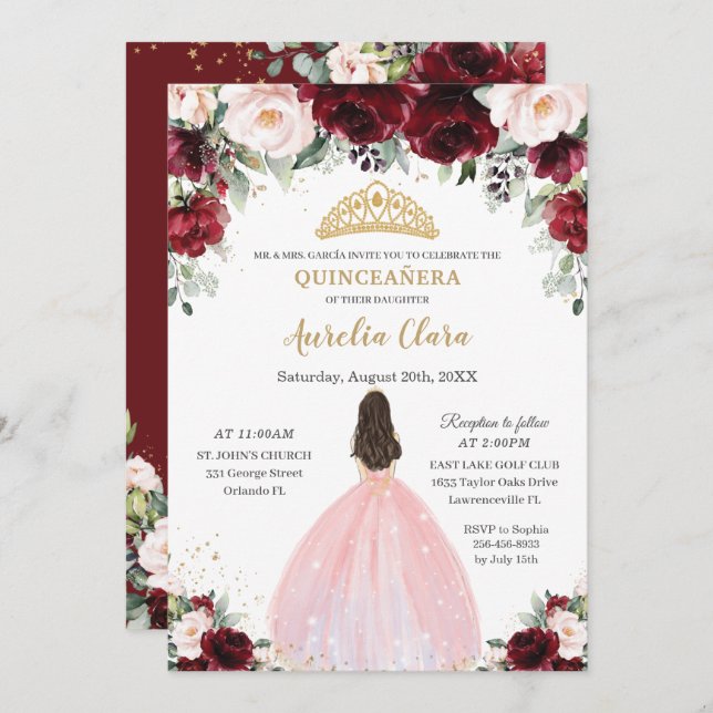 Quinceañera Burgundy Blush Bloral Pink Kleidung Kr Einladung (Vorne/Hinten)