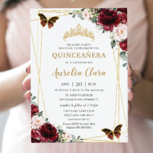 Quinceañera Burgundy Blush Bloral Princess Tiara Einladung