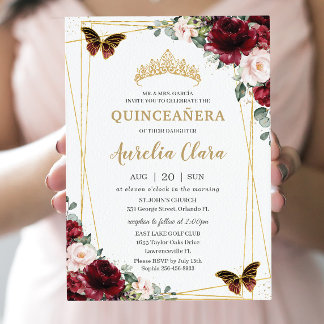Quinceañera Burgundy Blush Bloral Princess Tiara Einladung