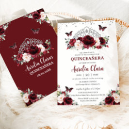 Quinceañera Burgundy Blush Bloral Silver Crown Einladung