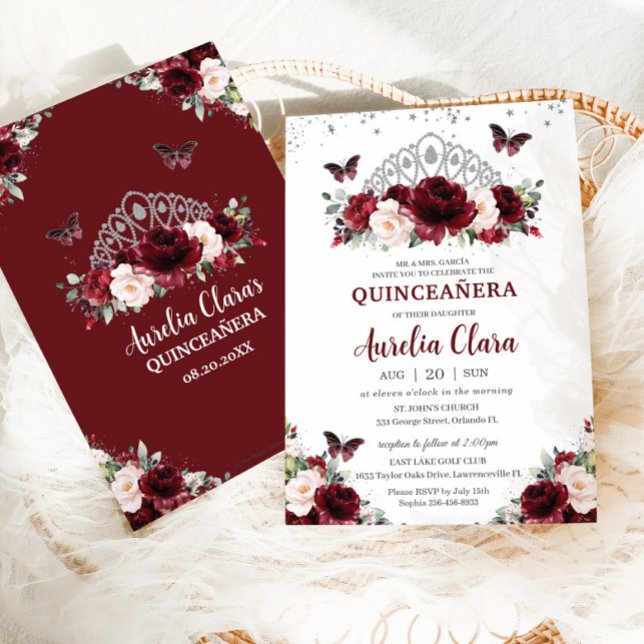 Quinceañera Burgundy Blush Bloral Silver Crown Einladung (Von Creator hochgeladen)