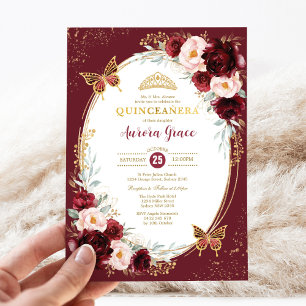 Quinceañera Burgundy Blush Blume Schmetterlinge Einladung