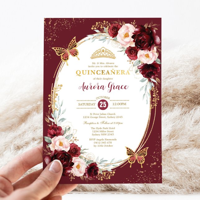 Quinceañera Burgundy Blush Blume Schmetterlinge Einladung (Von Creator hochgeladen)