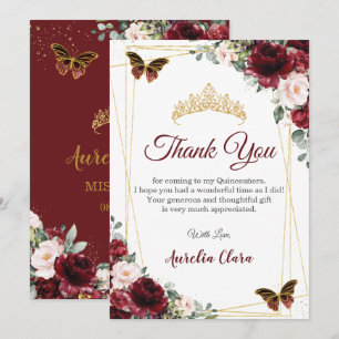 Quinceañera Burgundy Blush Floral Butterfliegen Dankeskarte