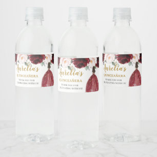 Quinceañera Burgundy Blush Floral Geburtstagsguns Wasserflaschenetikett