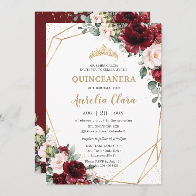 Quinceañera Burgundy Blush Floral Geometric Gold Einladung (Vorne/Hinten)