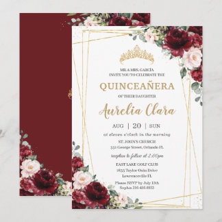 Quinceañera Burgundy Blush Floral Geometric Gold Einladung