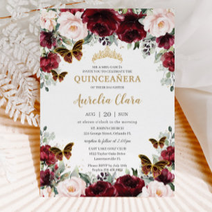 Quinceañera Burgundy Blush Floral Gold Schmetterli Einladung