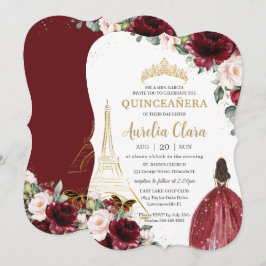 Quinceañera Burgundy Blush Floral Paris Gold Crown Einladung