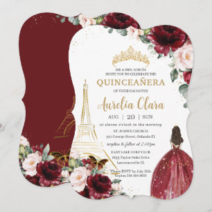 Quinceañera Burgundy Blush Floral Paris Gold Crown Einladung