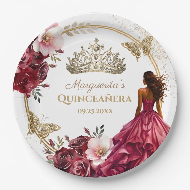 Quinceañera Burgundy Blush Gold Floral Princess Pappteller (Vorderseite)