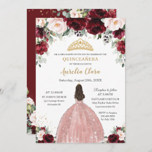 Quinceañera Burgundy Blush Rose Gold Dress Einladung