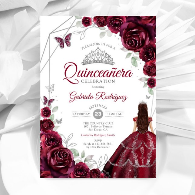 Quinceanera Burgundy Dress Floral Einladung (Von Creator hochgeladen)
