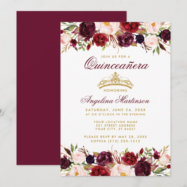 Quinceanera Burgundy Floral Gold Crown Einladung (Vorne/Hinten)