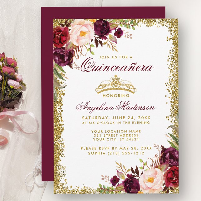 Quinceanera Burgundy Floral Gold Crown Einladung B (Customize to change text color, style, add text & photos to back or change color of back of card.)