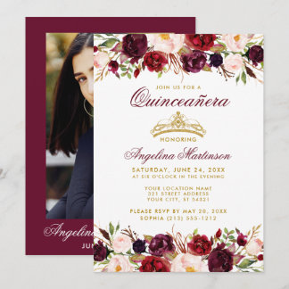 Quinceanera Burgundy Floral Gold Crown Foto Einladung