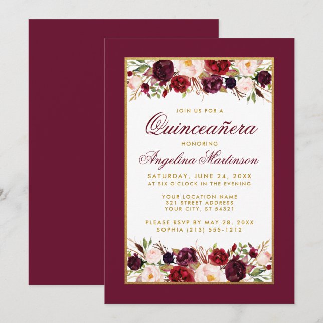 Quinceanera Burgundy Floral Gold Einladung (Vorne/Hinten)