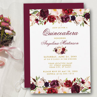 Quinceanera Burgundy Floral Gold Einladung