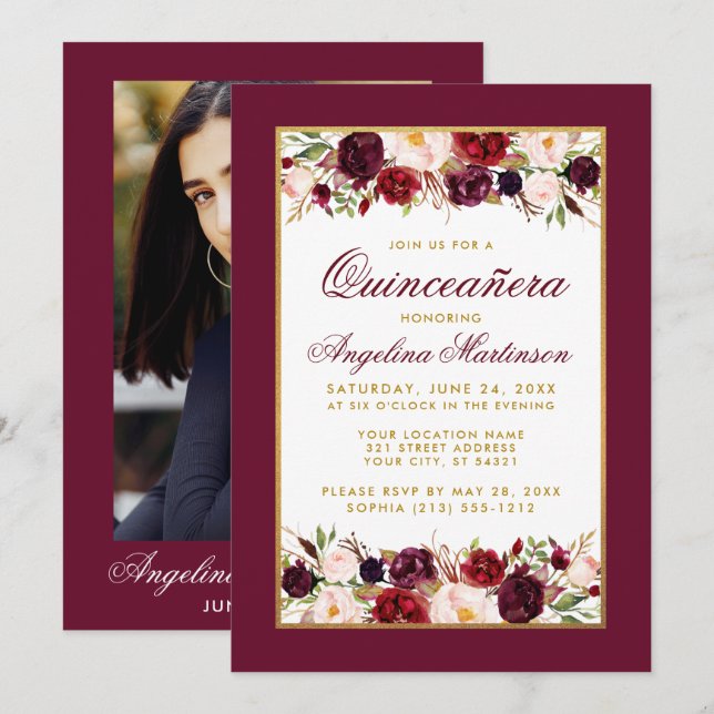 Quinceanera Burgundy Floral Gold Foto Einladung (Vorne/Hinten)