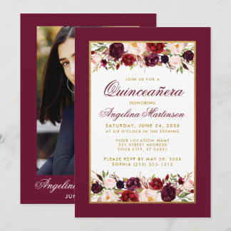Quinceanera Burgundy Floral Gold Foto Einladung