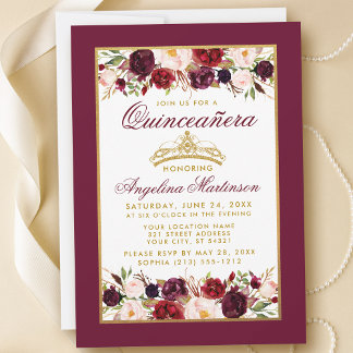 Quinceanera Burgundy Floral Gold Frame Crown Einladung