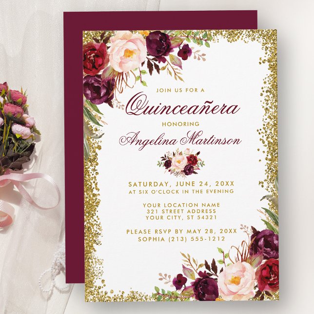 Quinceanera Burgundy Floral Gold Glitzer Einladung (Customize to change text color, style, add text & photos to back or change color of back of card.)