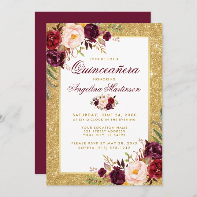 Quinceanera Burgundy Floral Gold Glitzer Einladung (Vorne/Hinten)