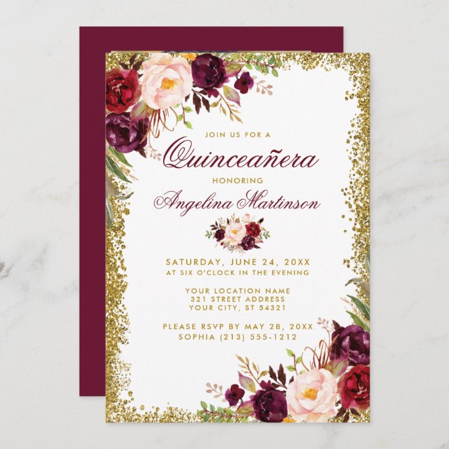 Quinceanera Burgundy Floral Gold Glitzer Foto Einladung (Vorne/Hinten)