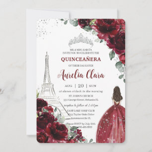 Quinceañera Burgundy Floral Paris Eiffel Princess Einladung