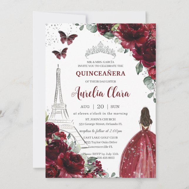 Quinceañera Burgundy Floral Paris Eiffel Princess Einladung (Vorderseite)