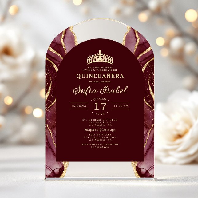 Quinceañera Burgundy Gold Agate Elegant Acryleinladungen (Von Creator hochgeladen)