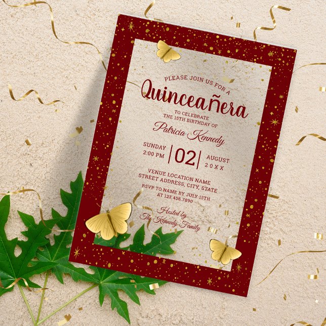 Quinceañera Burgundy&Gold Butterflies 15 Geburtsta Acryleinladungen (Quinceañera Burgundy&Gold Butterflies 15 Birthday Acrylic Invitations
)