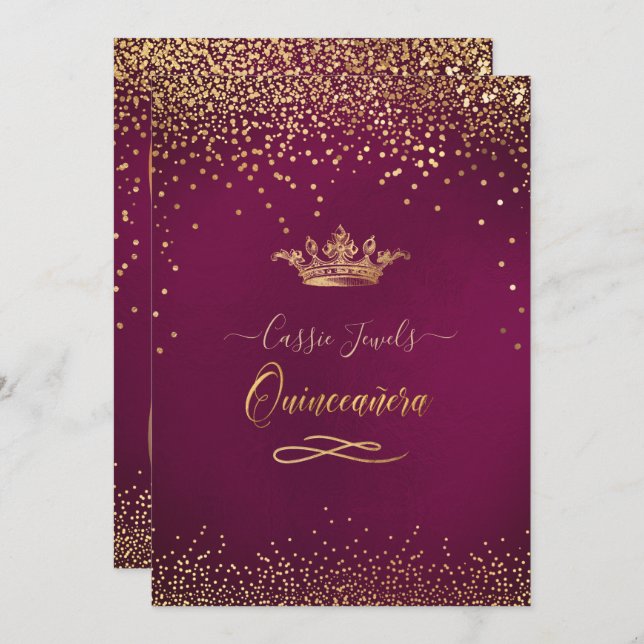 Quinceanera Burgundy Gold Confetti+Princess Crown Einladung (Vorne/Hinten)