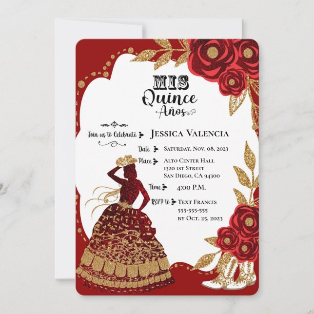 Quinceanera Burgundy Gold Cowgirl Einladung (Vorderseite)