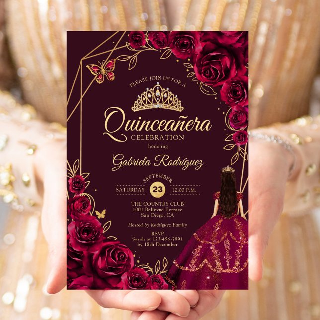 Quinceanera Burgundy Gold Dress Floral Einladung (Von Creator hochgeladen)