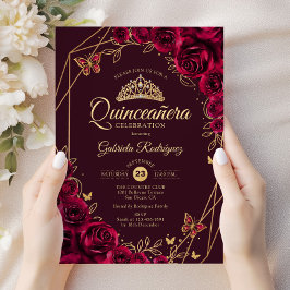 Quinceanera Burgundy Gold Floral Einladung