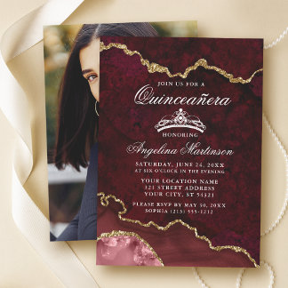 Quinceanera Burgundy Gold Marble Agate Geode Foto Einladung