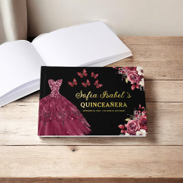 Quinceañera Burgundy Gold Princess Floral Gästebuch