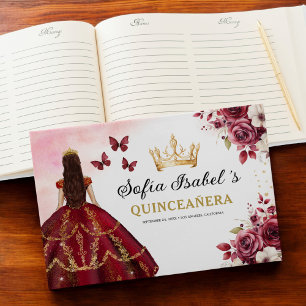 Quinceañera Burgundy Gold Princess Floral Gästebuch