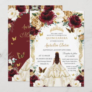 Quinceañera Burgundy Ivory Gold Floral Girl Dress Einladung