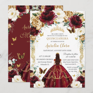 Quinceañera Burgundy Ivory Vintages Gold der Flora Einladung