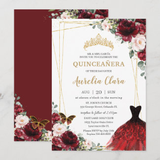 Quinceañera Burgundy Pink Floral Princess Gown Einladung
