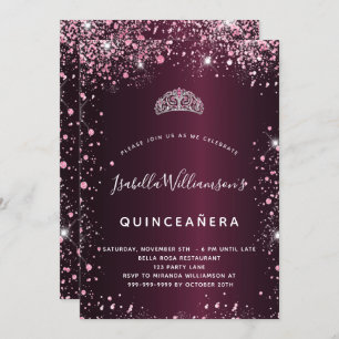 Quinceanera burgundy pink tiara Glitzer Einladung
