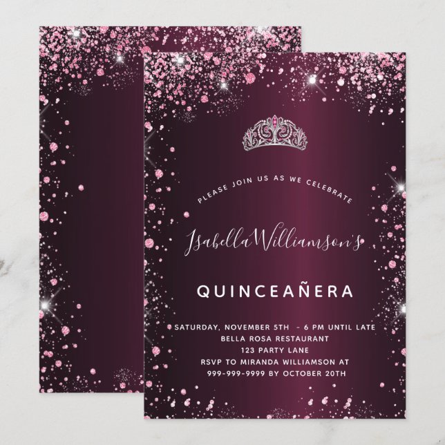 Quinceanera burgundy pink tiara Glitzer Einladung (Vorne/Hinten)